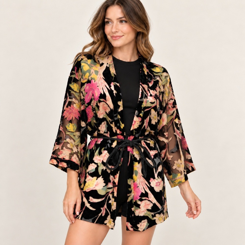 Only Hearts Helena Stuart Sheer Velvet Burnout Floral Kimono Robe Black P/S USA